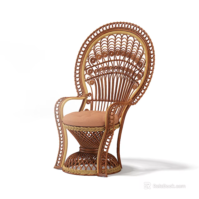 Intricate Rattan Leisure Chair With Fan Shaped Backrest Curved Armrests And Light Colored Cushion 3d model 