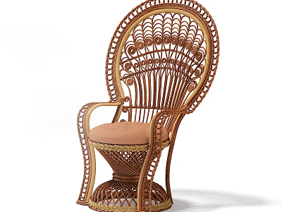Intricate Rattan Leisure Chair With Fan Shaped Backrest Curved Armrests And Light Colored Cushion 3d model