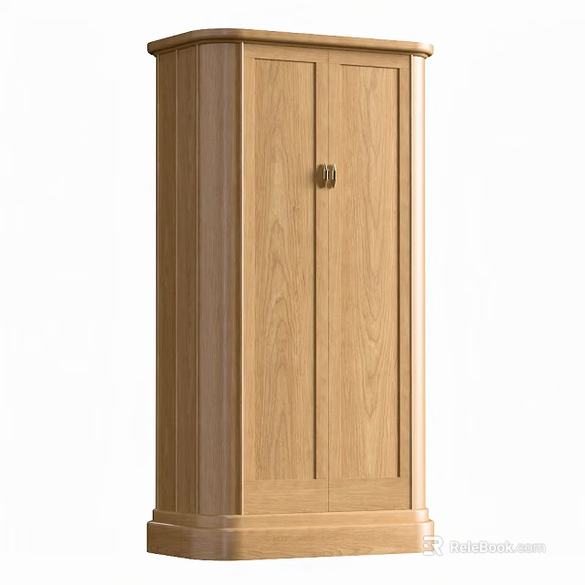 Solid Oak Wood Entryway Side Cabinet With Simple Classic Design Double Doors And Brass Handles 3d model 
