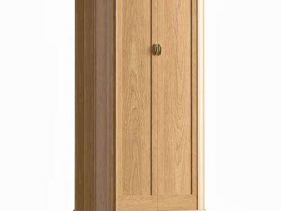 Solid Oak Wood Entryway Side Cabinet With Simple Classic Design Double Doors And Brass Handles 3d model