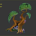 Cartoon Tree Scene With Green Leaves Orange Trunks Multiple Branches And Blue Mushrooms