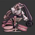 Anime Elf Character With Twin Pink Black Tails In Lolita Dress Sitting On Macaron Base