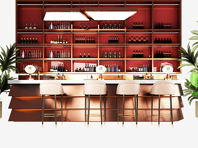 Stylish Bar Counter Interior With Red Wall Wine Racks White High Stools Gold Legs And Plants 3d model