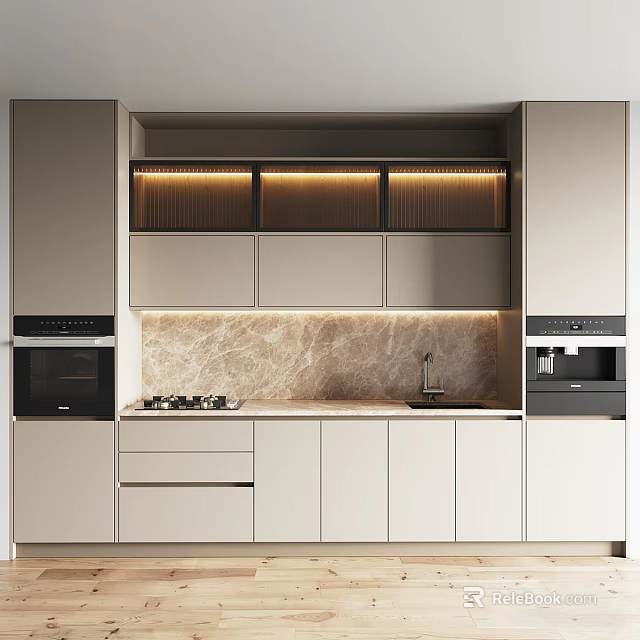 Modern Kitchen With Beige Cabinets Marble Backsplash And Appliances 3d model 