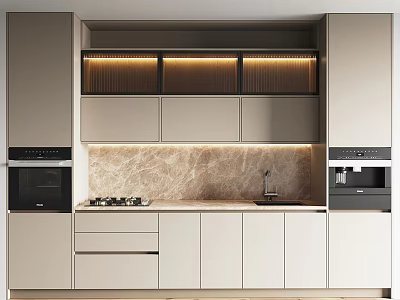 Modern Kitchen With Beige Cabinets Marble Backsplash And Appliances 3d model