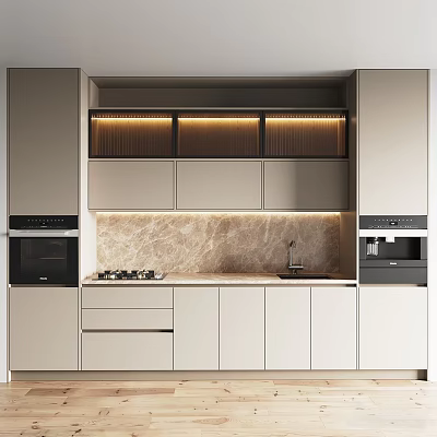 Modern Kitchen With Beige Cabinets Marble Backsplash And Appliances 3d model