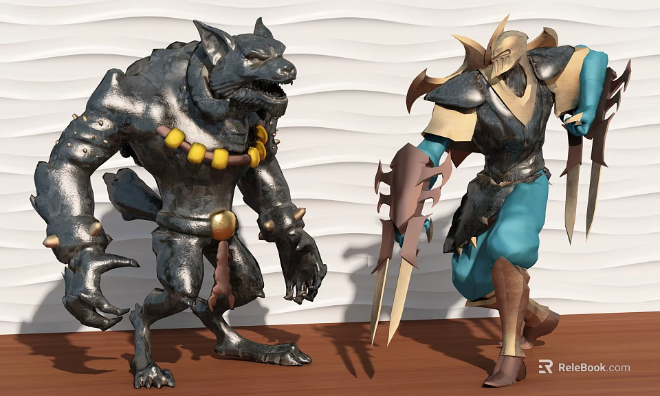 Wolf Shaped Monster With Beads And Armor Warrior Holding Swords Game Characters 3d model 
