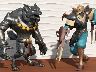 Wolf Shaped Monster With Beads And Armor Warrior Holding Swords Game Characters 3d model