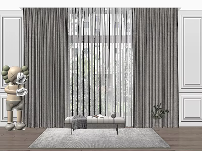 Modern Gray Sheer And Thick Curtains For Window With White Walls Bench Rug Green Plant 3d model
