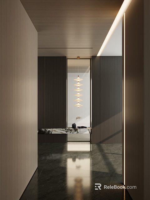 Modern Foyer Hallway With Pendant Lights And Sleek Wall Panels 3d model 