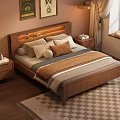 Cozy Wooden Double Bed With Nightstands Wall Art And Patterned Rug