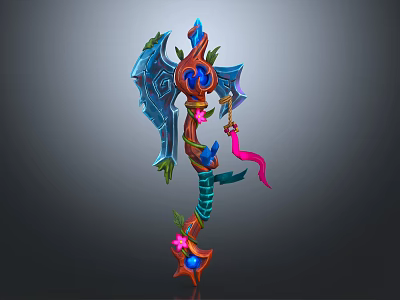 3D Rendered Fantasy Weapon With Ornate Blue Red Vines Flowers And Gems Design 3d model
