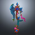 3D Rendered Fantasy Weapon With Ornate Blue Red Vines Flowers And Gems Design