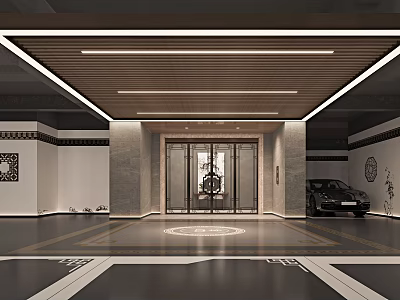 Parking Garage Entrance Featuring Wooden Ceiling Lighting Strips Glass Doors Chinese Decor And Black Car 3d model