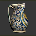 Vintage Ceramic Pitcher With Colorful Blue Yellow Patterns And Decorative Design