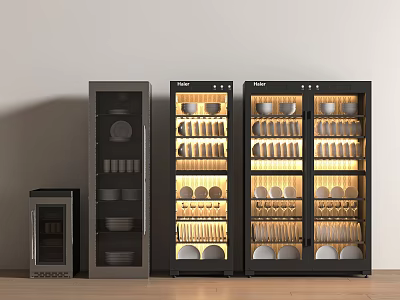 Sleek Black Kitchen Appliances With Glass Doors Plates Bowls Storage And Lighting 3d model