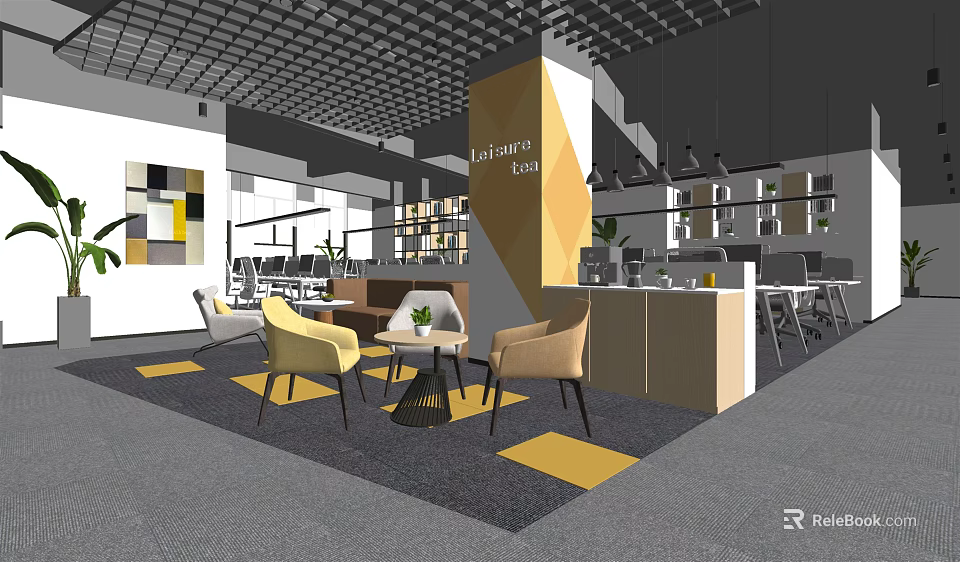 Modern Public Office Space With Open Layout Geometric Carpets And Lounge Furniture 3d model 