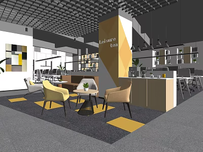 Modern Public Office Space With Open Layout Geometric Carpets And Lounge Furniture 3d model