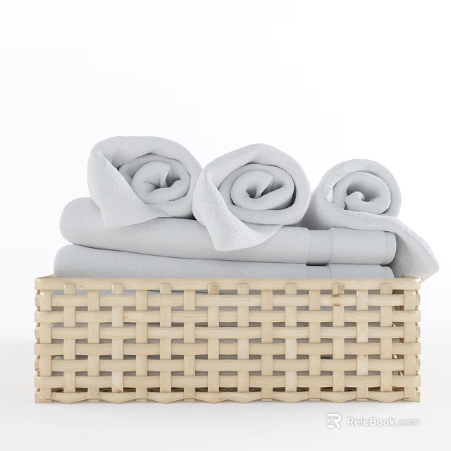 Woven Storage Basket with Rolled Light Gray Towels for Bathroom Organization 3d model 