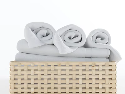 Woven Storage Basket with Rolled Light Gray Towels for Bathroom Organization 3d model