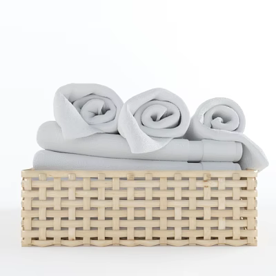 Woven Storage Basket with Rolled Light Gray Towels for Bathroom Organization 3d model Woven Storage Basket with Rolled Light Gray Towels for Bathroom Organization 3d model