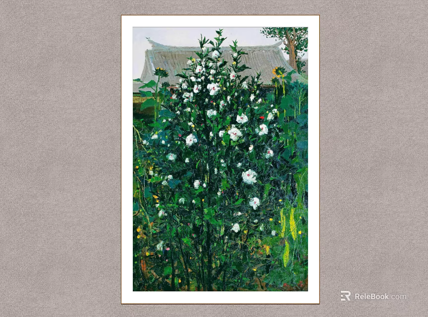 Traditional Chinese Painting With White Flowers Green Plants And Temple Background 3d model 