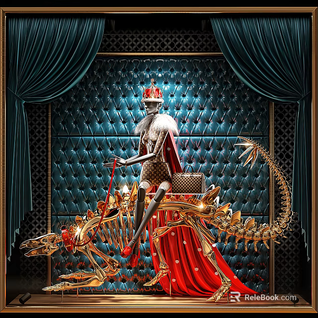 Luxury Window Display With Royal Skeleton Red Cape And Golden Dragon Frame 3d model 