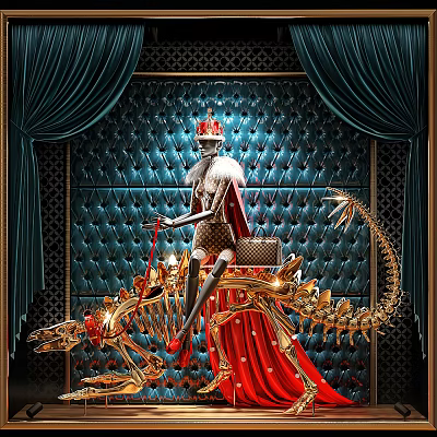 Luxury Window Display With Royal Skeleton Red Cape And Golden Dragon Frame 3d model