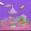 Toy Playground Scene With Carousel Pink Platform Purple Background Clouds Rocket UFO And Small House