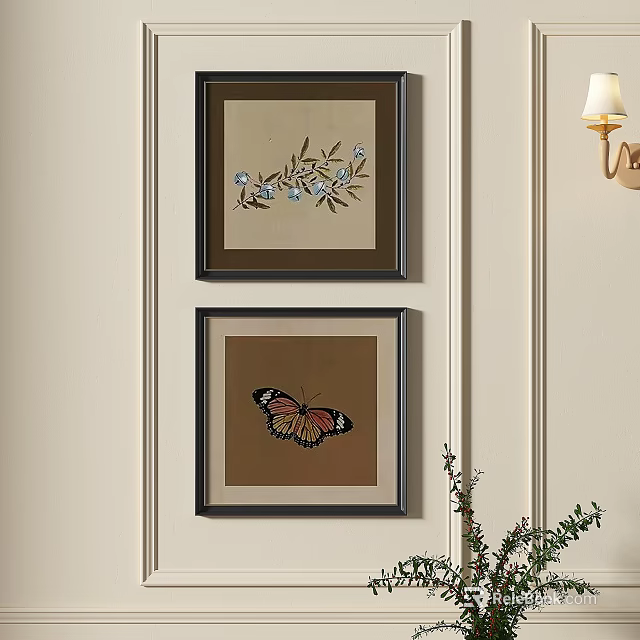 Abstract Art Paintings With Butterfly And Floral Patterns On Wall 3d model