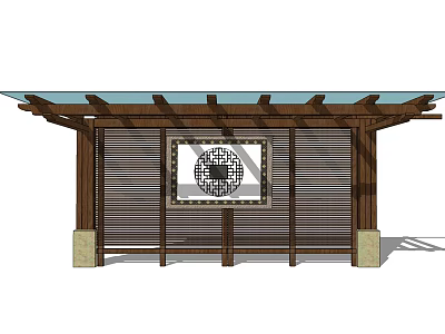 Wooden Pergola Featuring Glass Roof Circular Lattice Design Wooden Slatted Panels and Stone Pillar Bases 3d model
