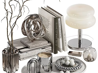 Stylish Decorative Ornament Set With Glass Vase Books Spiral Sculpture And Table Lamp 3d model