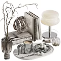Stylish Decorative Ornament Set With Glass Vase Books Spiral Sculpture And Table Lamp