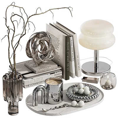 Stylish Decorative Ornament Set With Glass Vase Books Spiral Sculpture And Table Lamp 3d model