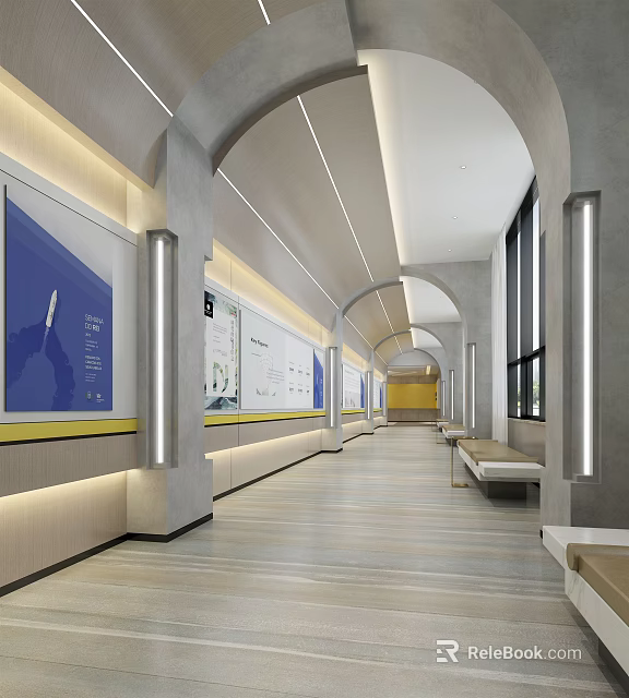 Modern Exhibition Hall With Arched Corridor Long Display Walls And Lighting Design Along Benches 3d model 