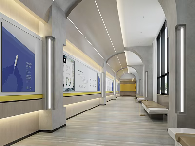 Modern Exhibition Hall With Arched Corridor Long Display Walls And Lighting Design Along Benches 3d model