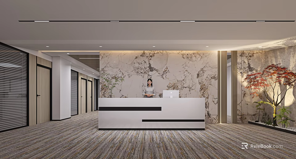 Front Desk Reception with Marble Wall Backdrop White Counter Receptionist and Computer in Office Interior 3d model 