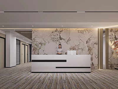 Front Desk Reception with Marble Wall Backdrop White Counter Receptionist and Computer in Office Interior 3d model