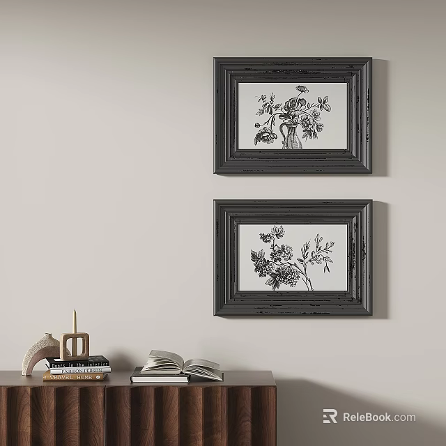 Abstract Floral Paintings In Black Frames On Wall With Books And Decor 3d model 