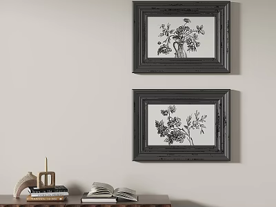 Abstract Floral Paintings In Black Frames On Wall With Books And Decor 3d model