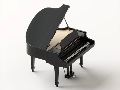 Classic Black Grand Piano Musical Instrument With Open Lid And Wooden Legs 3d model