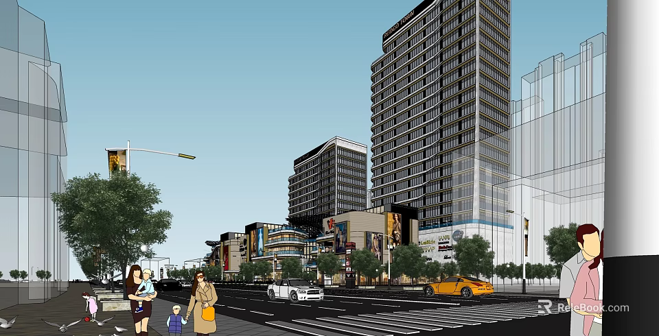 Modern Urban Commercial Complex with High Rise Buildings Retail Shops and Pedestrian Area 3d model 