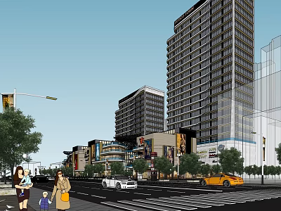 Modern Urban Commercial Complex with High Rise Buildings Retail Shops and Pedestrian Area 3d model