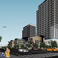 Modern Urban Commercial Complex with High Rise Buildings Retail Shops and Pedestrian Area