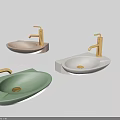 Three Modern Washbasins with Light Green Pink White Colors and Golden Faucets