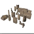 Building Construction Model Featuring Rough Stone Fragment Blocks And Structural Elements