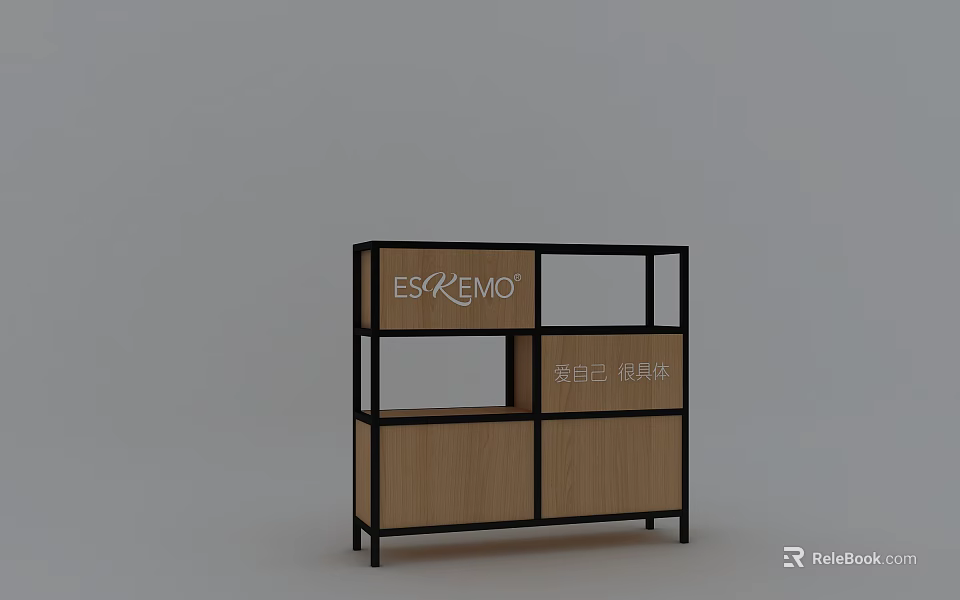 ESKEMO Modern Wooden Cabinet With Black Frame Open Shelves And Closed Compartments 3d model 
