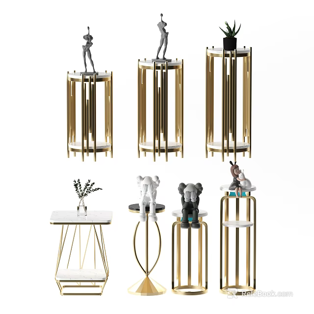 Modern Gold Metal Frame Side Tables With Different Geometric Designs And Decorative Ornaments 3d model 