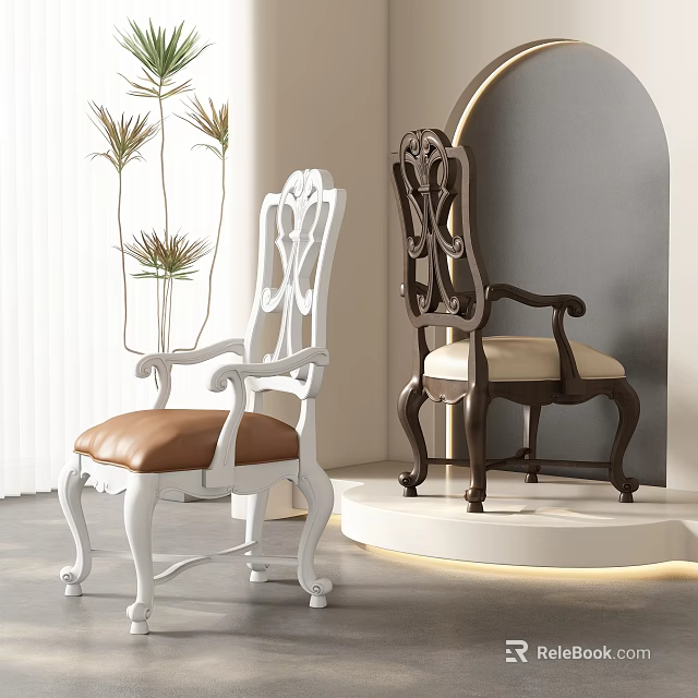 White and Dark Brown Accent Chairs with Carved Details Leather Seat Beige Cushion Modern Interior 3d model 