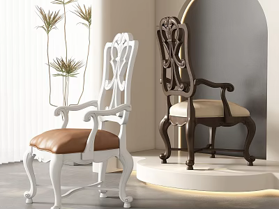 White and Dark Brown Accent Chairs with Carved Details Leather Seat Beige Cushion Modern Interior 3d model